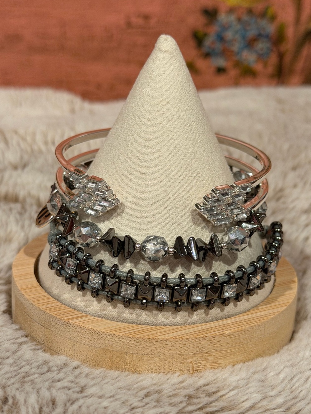 Bomb Party She’s a Rebel Hematite & Stones Silver Plated Stackable Bracelet Set